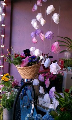 a bicycle with flowers hanging from it's basket