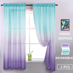 the curtains are blue and purple in color, with two vases next to them