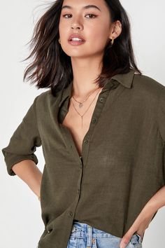 Olive Green Linen Top - Button Down Top - Long Sleeve Top - Lulus Breezy Summer Outfits, Button Ups For Women, Oversized Button Up, Long Sleeve Button Up Shirt Outfit, Olive Green Shirt Outfit, Button Shirt Outfit, Salty Granola, Neutrals Fashion, Olive Green Outfit