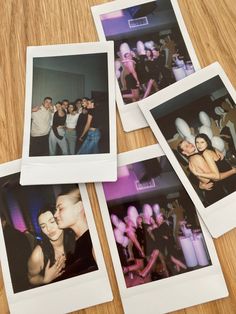 four polaroid photos of people at a party with one woman kissing the other man