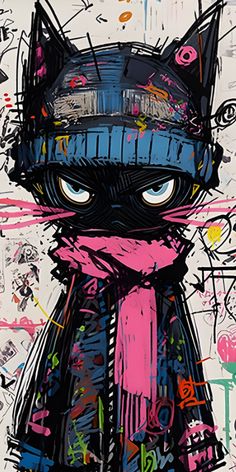 a painting of a cat wearing a pink scarf and black jacket with graffiti all over it