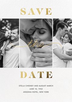 save the date photo collage with gold foil