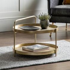 Amata Coffee Table, Lower Shelf, Gold Metal Frame, Round Top Round Gold Coffee Table, Coffee Table Gold, Round Metal Coffee Table, Gold Coffee Table, Tray Styling, Living Room Essentials, Contemporary Coffee Table, Metal Coffee Table, Round Tray