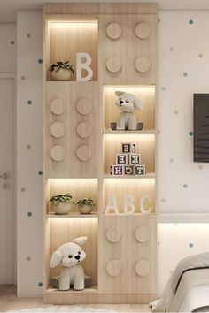 a white bed sitting next to a wooden shelf filled with stuffed animals