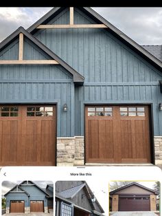 the front and side of a house with two garage doors on each side, and an attached