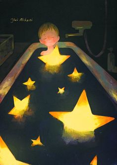 a painting of a child in a bathtub with stars on the bottom and sides