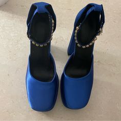 Dark Blue Platform Pump Versace-Esque Size 37 Never Worn Navy Dress Gold Shoes, Navy Platform Heels, Dark Blue Platform Heels, Dark Blue Heels, Blue Platform Heels In Synthetic Material, Royal Blue Platform Heels, Blue Platform Heels, Blue Platform Shoes, Blue Suede Platform Heels