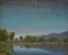 an oil painting of a lake with trees and mountains in the background at night time