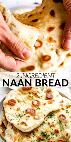 two different types of naan bread on a white plate with text overlay that reads, 2 ingredient naan bread