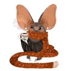 a drawing of a bat holding a cup of coffee in it's mouth and wearing a scarf around its neck