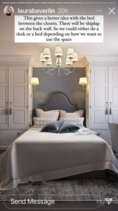 a bedroom with a bed, dressers and lamps