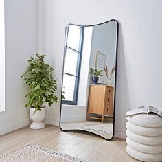 a mirror sitting on top of a wooden floor next to a potted plant