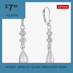 Pearl Type: Simulated PearlsIncluded: 1 Pair of EarringsEarring Back: Lever BackShape: TeardropMetal Color: Silver ToneEarring Length: 46mmEarring Width: 7mmCare: Wipe CleanStone Type: 14 GlassEarrings Style: Drop EarringsMetal: ZincCountry of Origin: Imported Monet Jewelry, Pearl Types, Earrings White, Earrings Drop, Pearl Drop Earrings, Pearl Drop, Color White, Drop Earrings, Glass