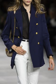 Celine Outfit Style, Luxury Button-up Blazer For Spring, Navy Blazer Outfit Women Work, Luxury Trendy Button-up Denim Jacket, Celine Runway 2022, Celine Outfit, Chic Blue Button-up Blazer, Luxury Navy Button-up Outerwear, Blazer Outfits Casual