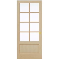 a wooden door with frosted glass on the top and bottom panel, in light wood