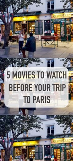 people sitting on benches in front of a building with the words 5 movies to watch before your trip to paris