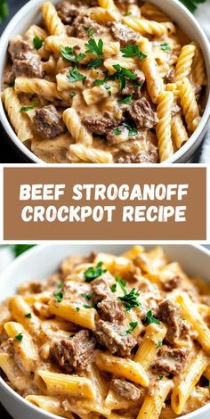 beef stroganoff crockpot recipe in a white bowl