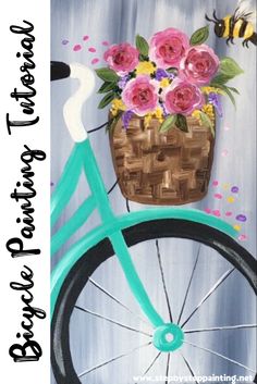 a painting of a bicycle with flowers in the basket and a bee on it's side