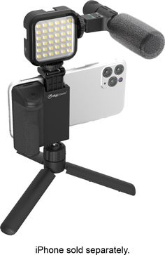 an iphone is attached to a tripod with a microphone