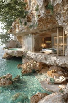 a house built into the side of a cliff next to water with a bed in it