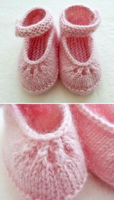 two pictures of pink knitted baby shoes