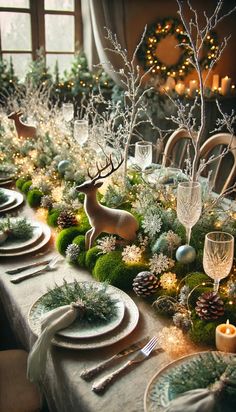 a table set for christmas with plates, silverware and deer figurines on it