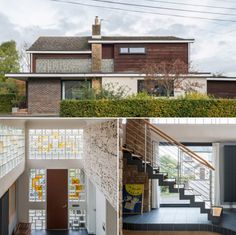 two pictures of the inside of a house and outside of a home with stairs leading up to the second floor