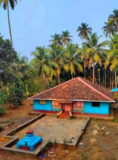 a blue house surrounded by palm trees in the middle of a dirt area with a red roof