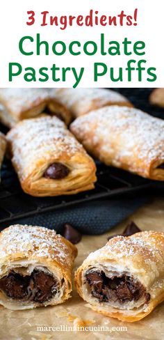 chocolate pastry puffs on a baking sheet with text overlay reading 3 ingredients chocolate pastry puffs