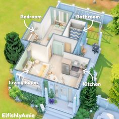 an aerial view of a house with all the rooms labelled