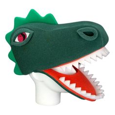 a green and red hat with an alligator's head on top of a white mannequin