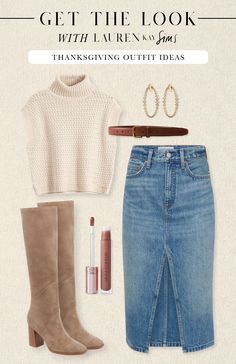 Casual Outfit For Thanksgiving, Outfit Ideas For Holidays, Denim Skirt Outfit Fall 2024, Lunch Fall Outfit, Cabi Outfits Ideas Daily Look, Megan Markle Fashion, Oyster Roast Outfit Fall, Midi Skirts With Boots, Cute Casual Thanksgiving Outfits