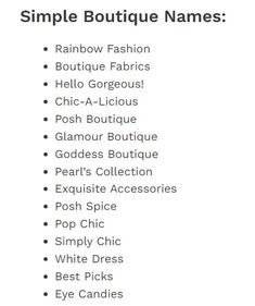 a list of clothing names for women in different colors and sizes, with the words'simple boutique names '