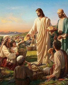 a painting of jesus handing bread to the people