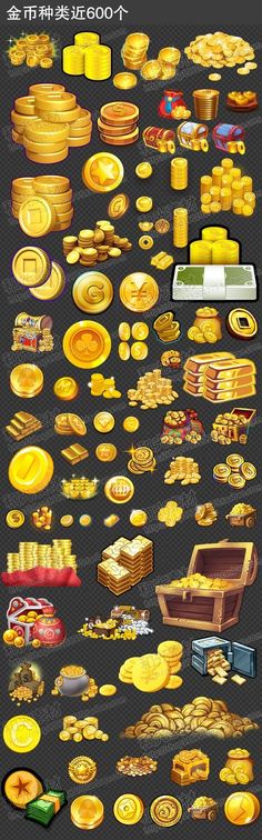 a bunch of different types of food on a black background with gold coins and other items