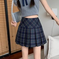 Blue Plaid A-Line Pleated Skirt | Eunchae - Le Sserafim Blue 4XL Non-stretch Blue Mini Skirt, Navy Casual Tennis Skirt, Blue Casual Pleated Skirt, Navy Casual Pleated Skirt Skort, Casual Navy Pleated Skort, Navy Casual Pleated Skort, Navy Pleated Skort Casual Style, Navy Pleated Casual Skort, Casual Blue Mini Pleated Skirt