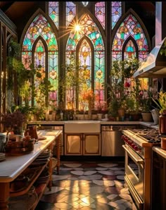 a large kitchen with lots of windows and potted plants