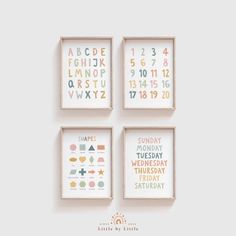 three framed posters with numbers and shapes on the wall in different sizes, including one for each