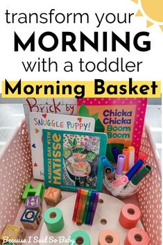 toddler morning basket Morning Busy Bins, Preschool Morning Basket Ideas, Homeschooling With A Toddler, Morning Basket One Year Old, One Year Old Morning Basket, Quiet Time Basket For Toddler, Toddler Stations At Home, Two Year Old Morning Basket, Morning Activity Basket Toddler