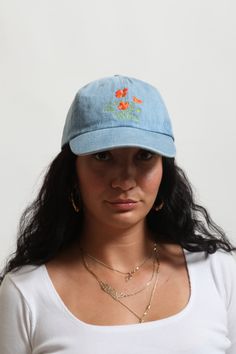 100% Cotton Baseball Cap, made in China, embroidered in San Francisco. One size Embroidered in San Francisco. Original design by Gravel & Gold Spring Blue Denim Baseball Cap, Adjustable Denim Hats For Spring, Spring Adjustable Denim Hats, Denim Blue Baseball Cap For Spring, Denim Baseball Cap For Summer, Spring Denim Blue Hat With Curved Brim, Spring Casual Hat With Curved Brim In Denim Blue, Denim Blue Curved Brim Hat For Spring, Denim Snapback Baseball Cap For Spring