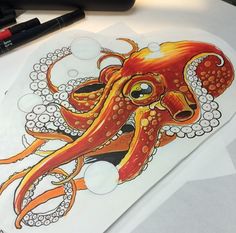 an octopus drawing with colored pencils on paper