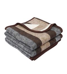 three blankets stacked on top of each other in brown and grey colors, with one blanket folded