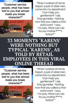 an advertisement with the words 3 moments karns were nothing but typical karmans as told by retail employees