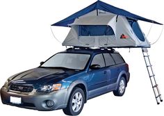 a car with a tent on top and ladder attached to it's roof, in front of a white background