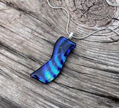 Fused Glass Pendant Necklace - Blue Striped Dichroic Glass - Wave Shaped - One of a Kind Handmade Glass Jewelry - New Years Eve Jewelry Dinosaur Necklace, Message Necklace