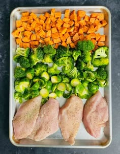 chicken, broccoli and sweet potatoes on a tray