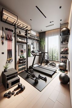 there is a gym with exercise equipment in the room and other items on the floor