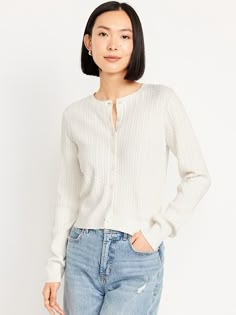 SoSoft Lite Crop Cardigan | Old Navy Pointelle Top, Crew Neck Cardigan, Navy Cardigan, Crop Cardigan, Cropped Cardigan Sweater, Button Sweater, Sweater White, Cardigan Sweaters For Women, White Cardigan