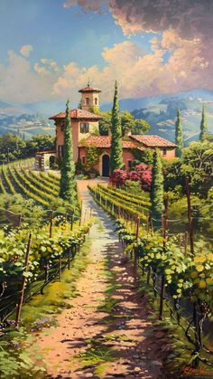 an oil painting of a house in the middle of a vineyard with trees and bushes