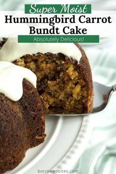 a close up of a bundt cake on a plate with a bite taken out